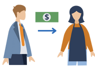 A man in a suit standing with a woman in an apron. An arrow indicates money coming from him to her.