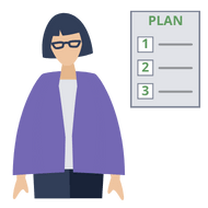 A woman with a document showing the word 'plan' and three steps to do.